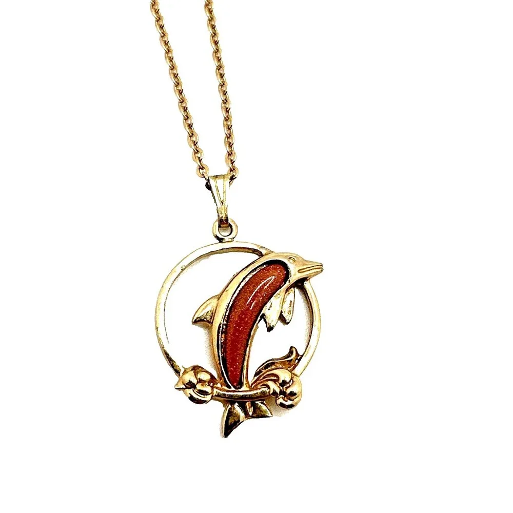 Vintage Leaping Dolphin Pendant Necklace Goldstone Gold Tone Jumping 18